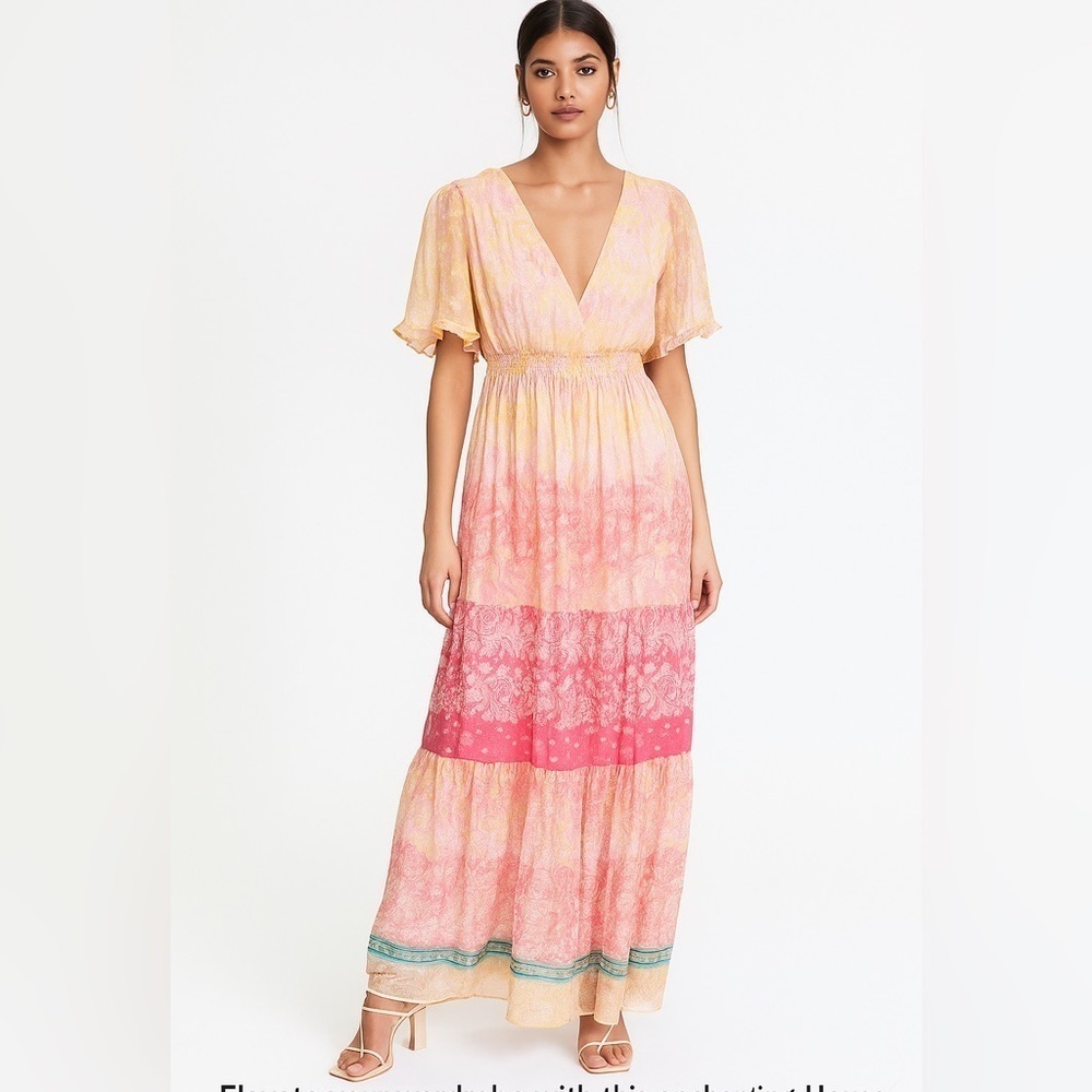 NEW House Of Harlow 1960 Ruffled Tiered Floral Metallic Maxi‎ Dress